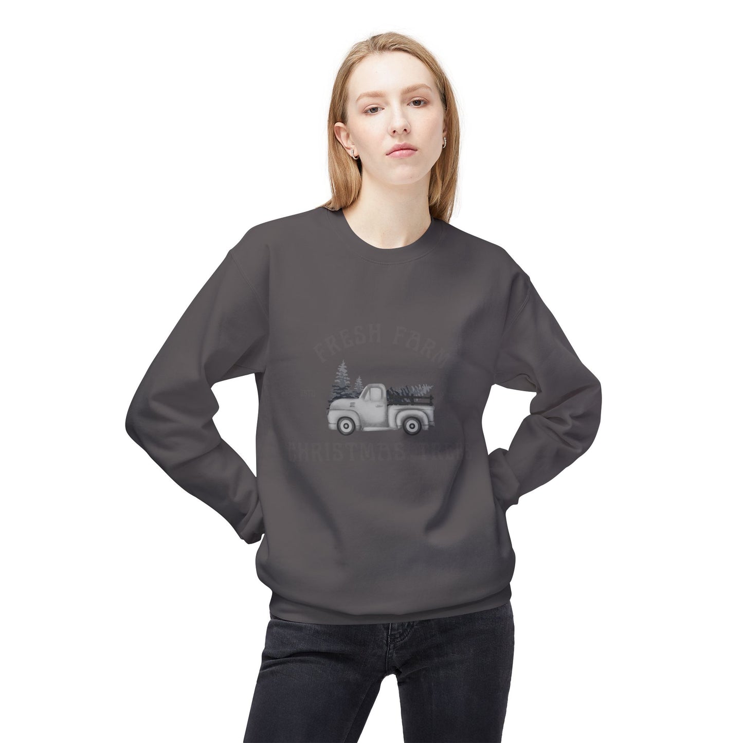 Christmas Trees Farmhouse Crewneck Sweatshirt, Holiday Sweatshirt, Cozy Winter Wear, Farmhouse Decor, Gift for Him/Her