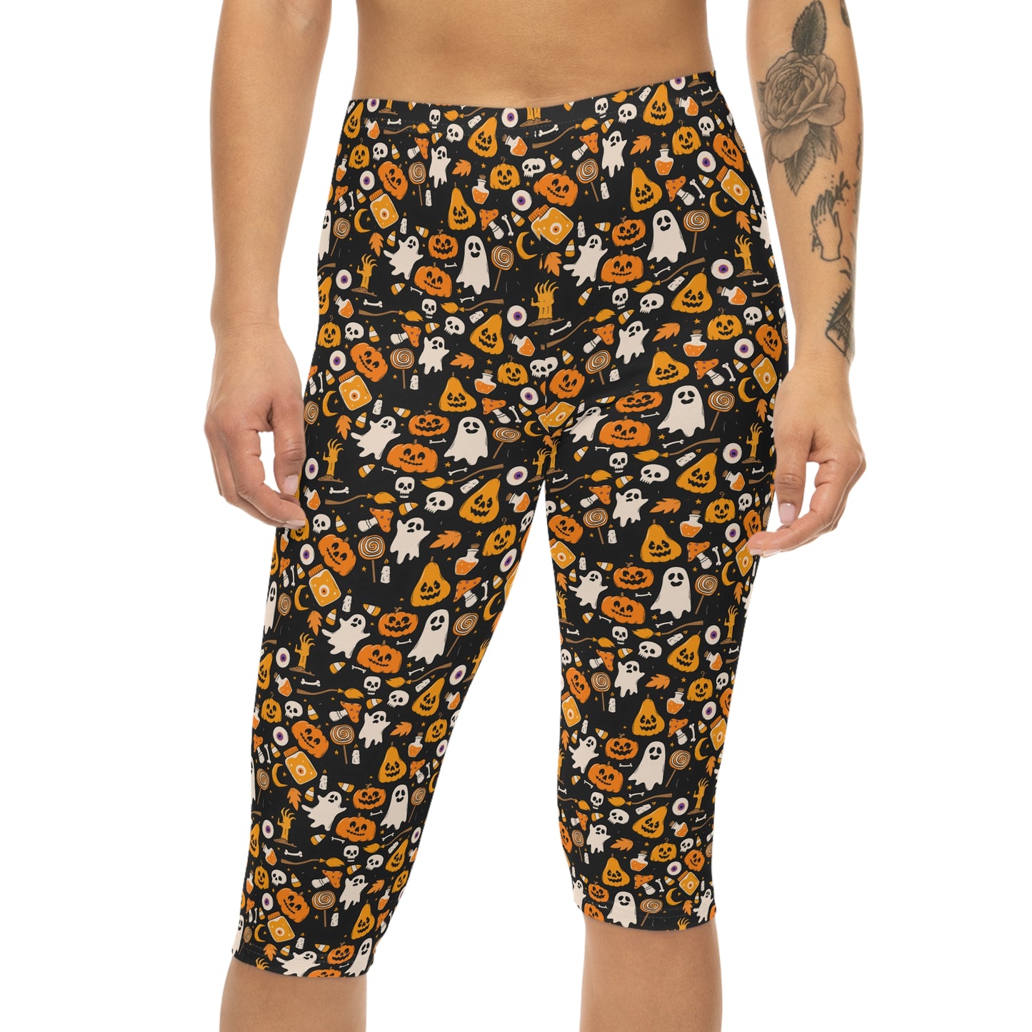 Halloween-Themed Women’s Capri Leggings, spooky activewear, festive workout pants, autumn style leggings, cute leggings for Halloween