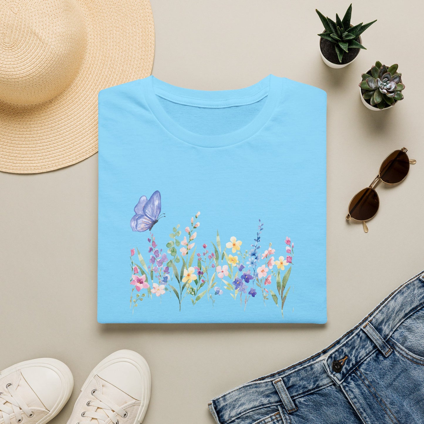 Floral Meadow Tee — Watercolor Wildflowers & Blue Butterfly T-Shirt