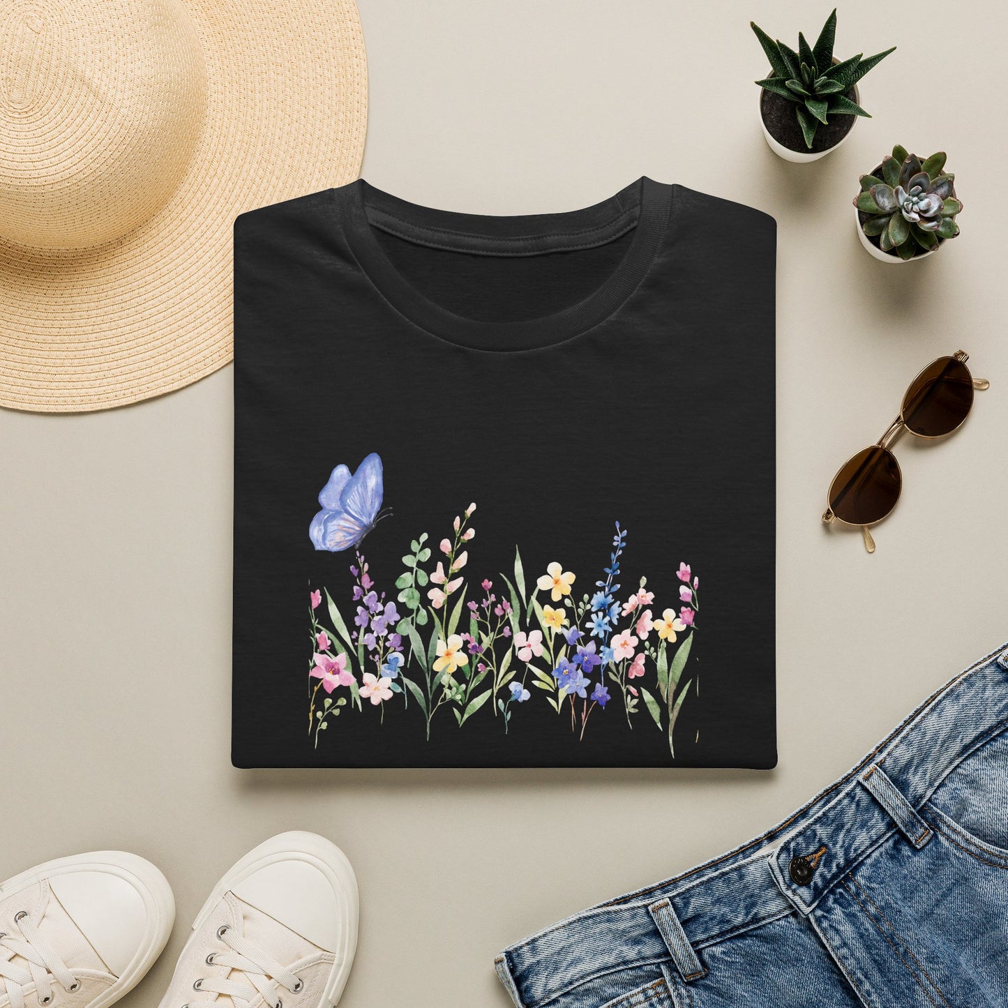 Floral Meadow Tee — Watercolor Wildflowers & Blue Butterfly T-Shirt