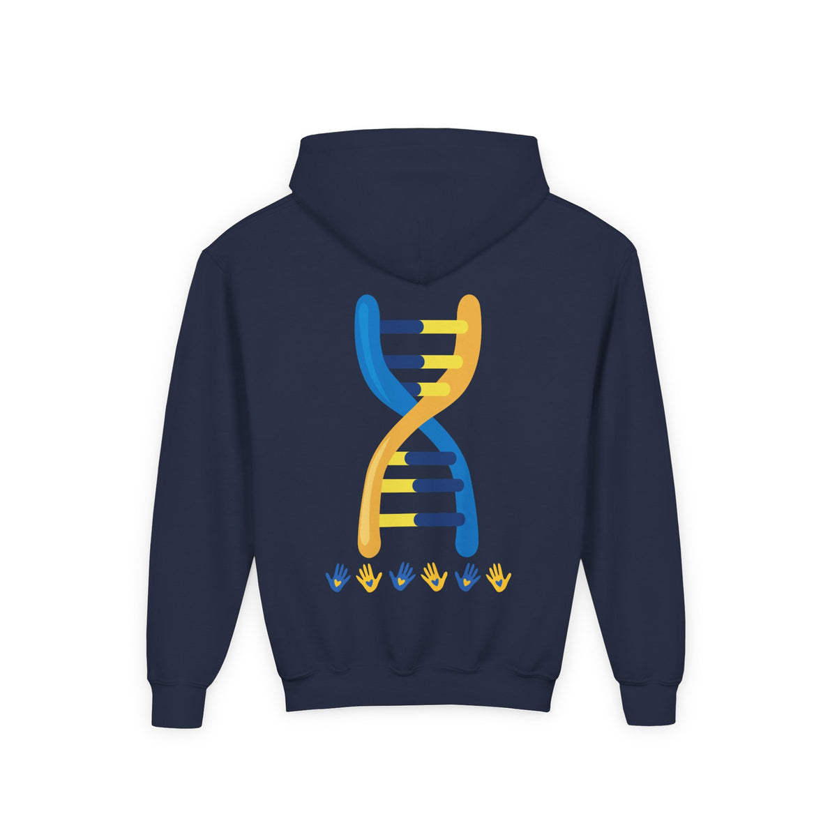 Youth Hoodie — 3:21 DNA Design Kids Pullover with Colorful Double Helix Down Syndrome awareness colors