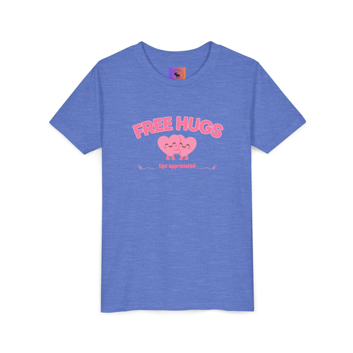 Youth Tee — "Free Hugs" Pink Heart Kids T‑Shirt (Cute Valentine / Playdate Gift)