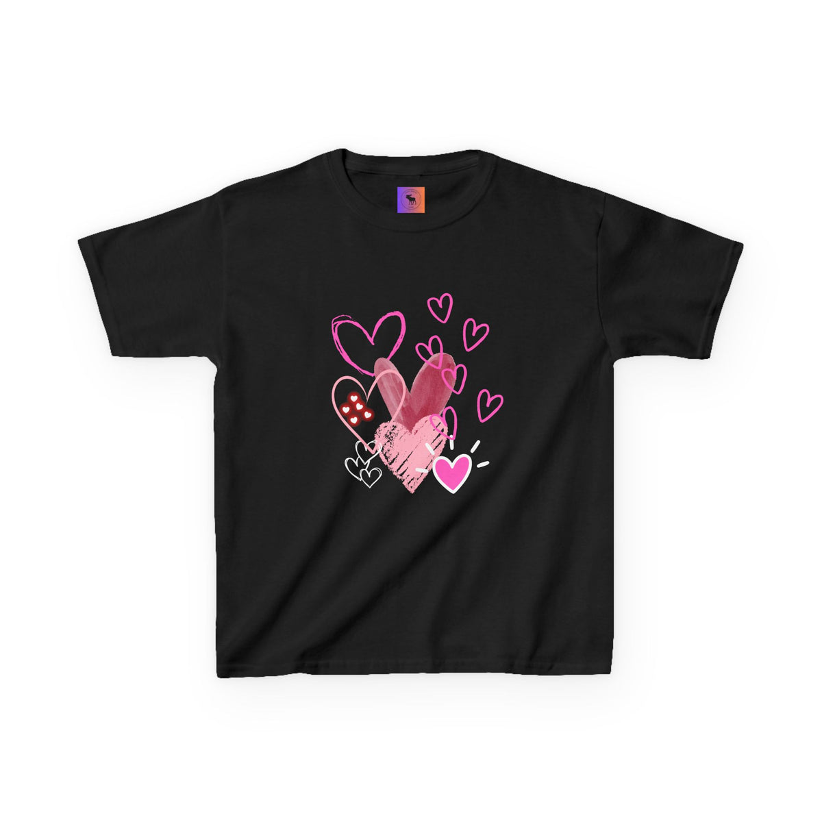 Kids Heart Art Tee — Pink Watercolor Hearts Valentine Shirt for Girls