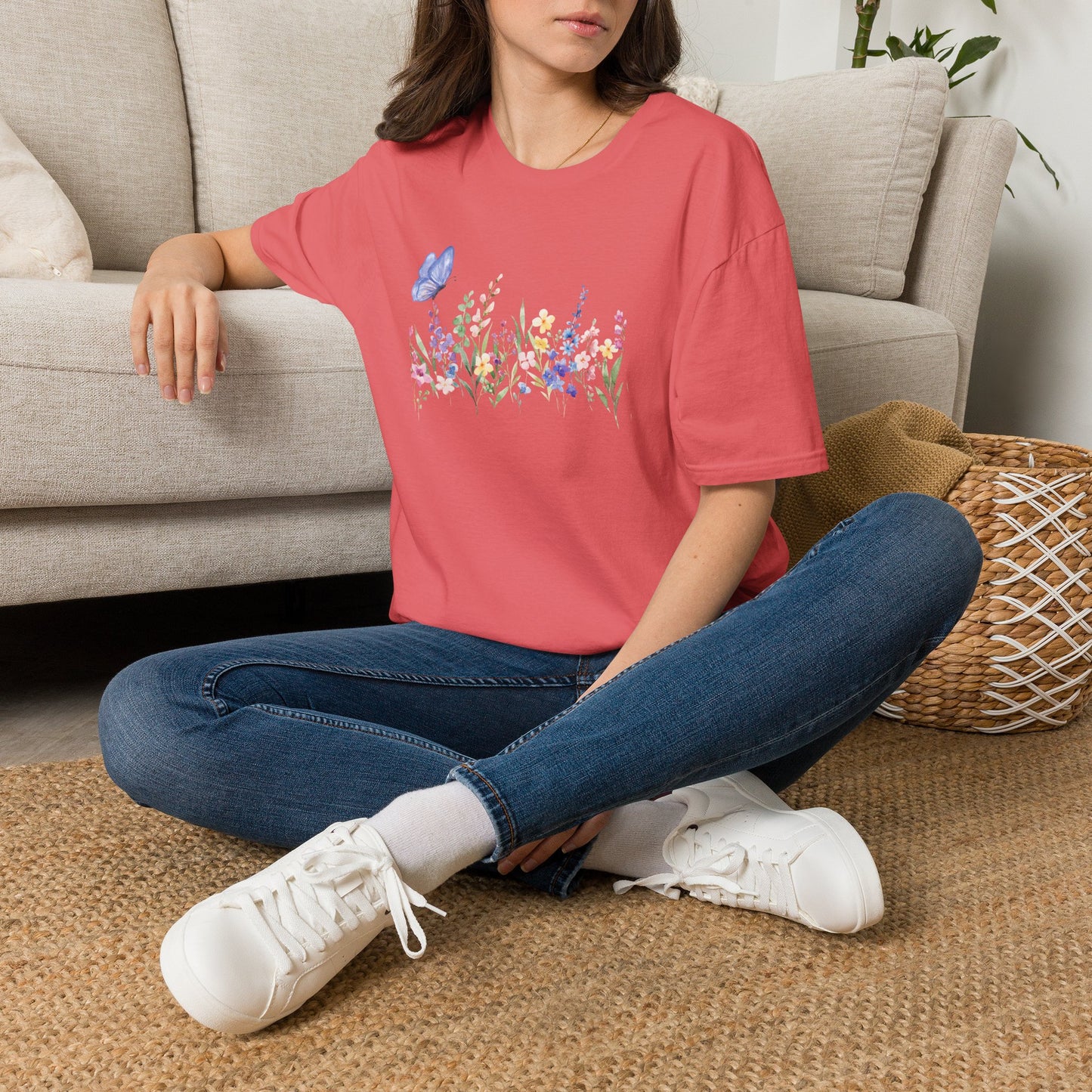 Floral Meadow Tee — Watercolor Wildflowers & Blue Butterfly T-Shirt