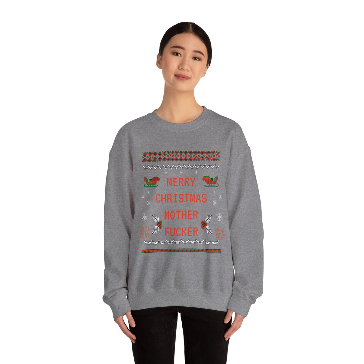 Aggressive 'Merry Christmas' Ugly Sweater Crewneck — Hilarious Adult Holiday Sweatshirt