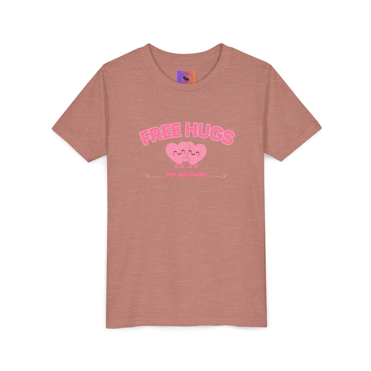 Youth Tee — "Free Hugs" Pink Heart Kids T‑Shirt (Cute Valentine / Playdate Gift)
