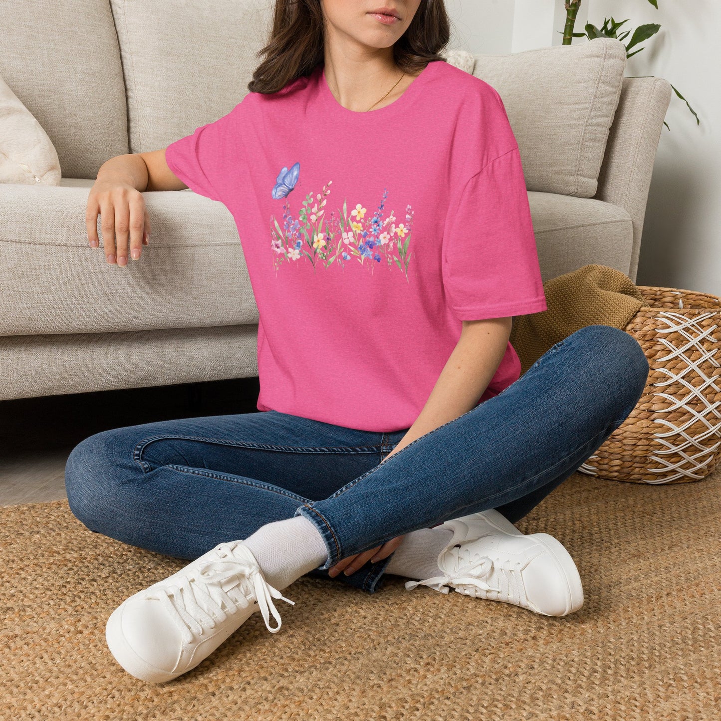 Floral Meadow Tee — Watercolor Wildflowers & Blue Butterfly T-Shirt