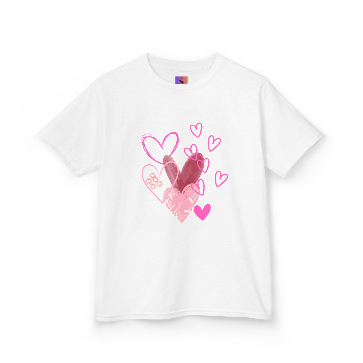 Kids Heart Art Tee — Pink Watercolor Hearts Valentine Shirt for Girls