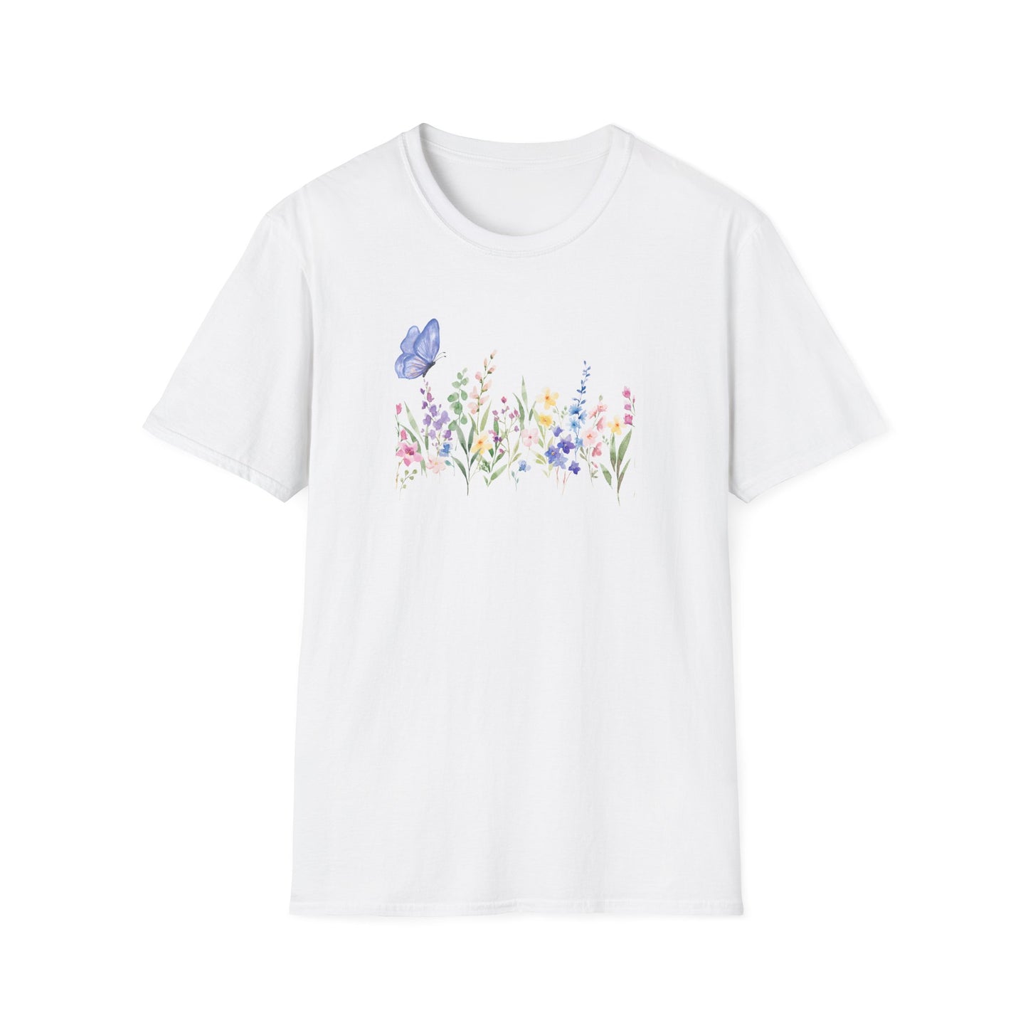 Floral Meadow Tee — Watercolor Wildflowers & Blue Butterfly T-Shirt