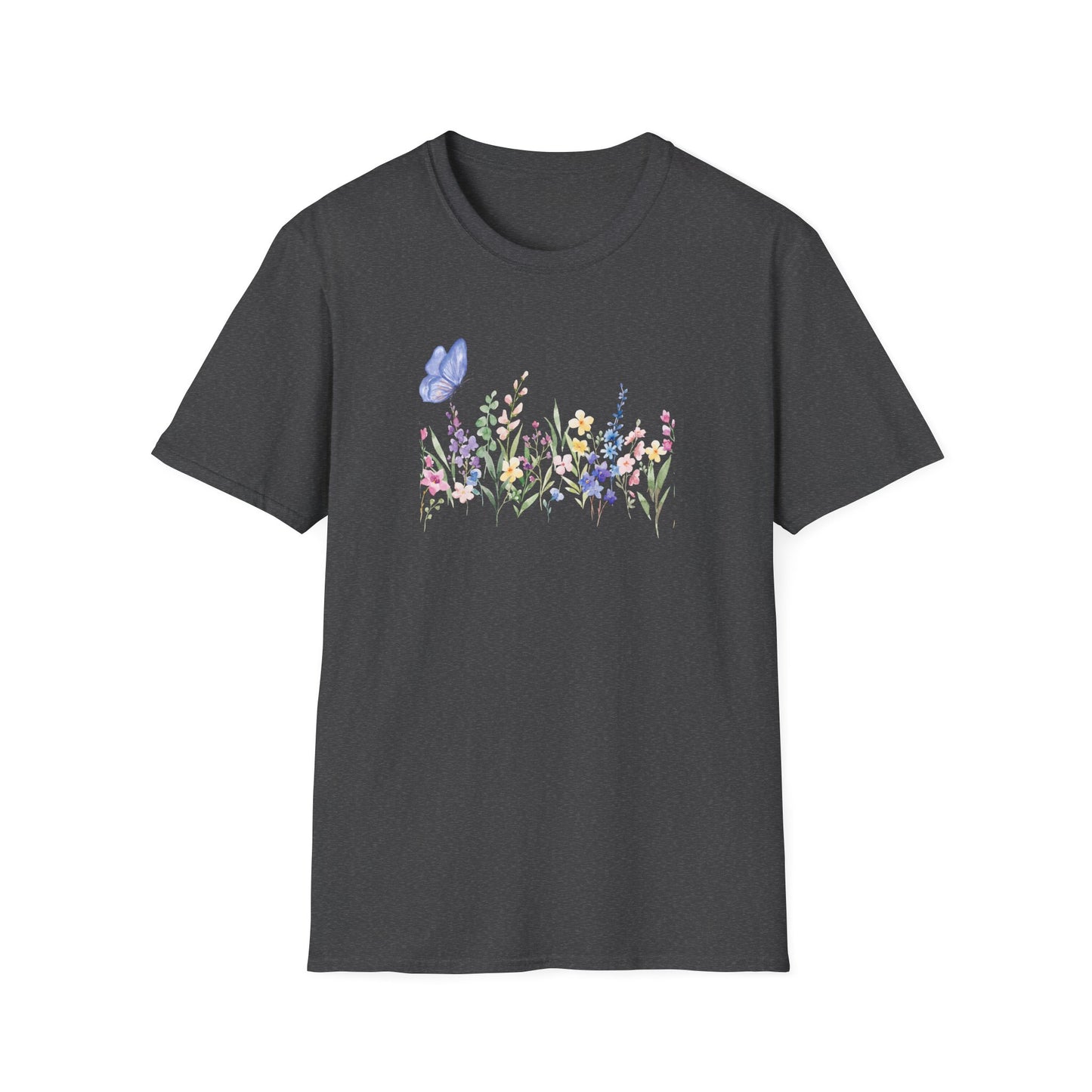 Floral Meadow Tee — Watercolor Wildflowers & Blue Butterfly T-Shirt