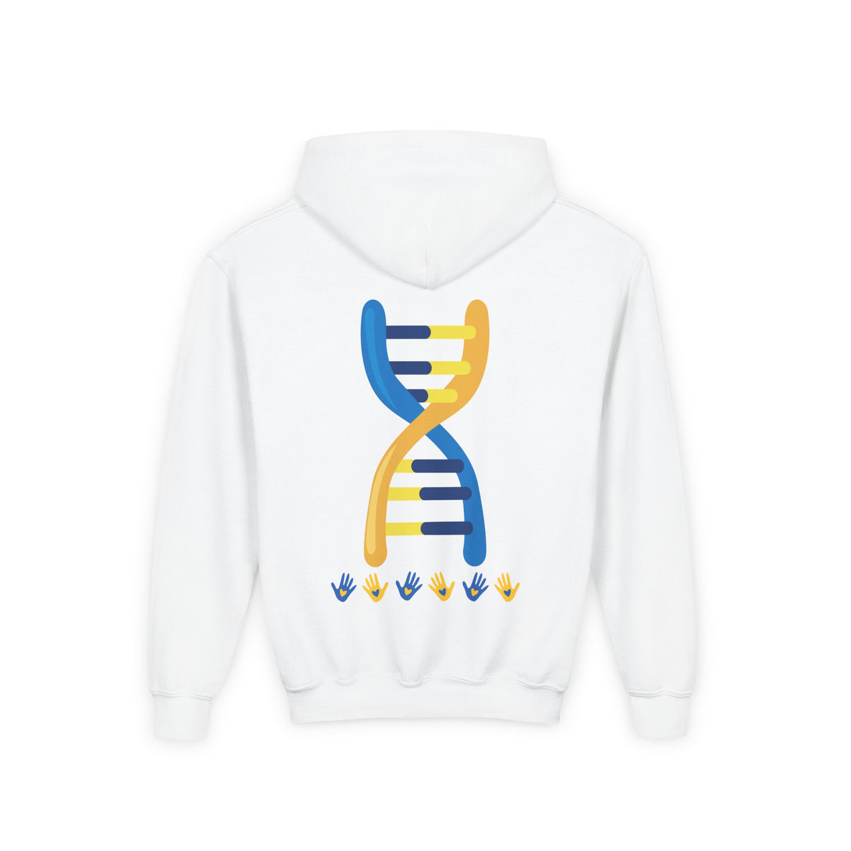 Youth Hoodie — 3:21 DNA Design Kids Pullover with Colorful Double Helix Down Syndrome awareness colors