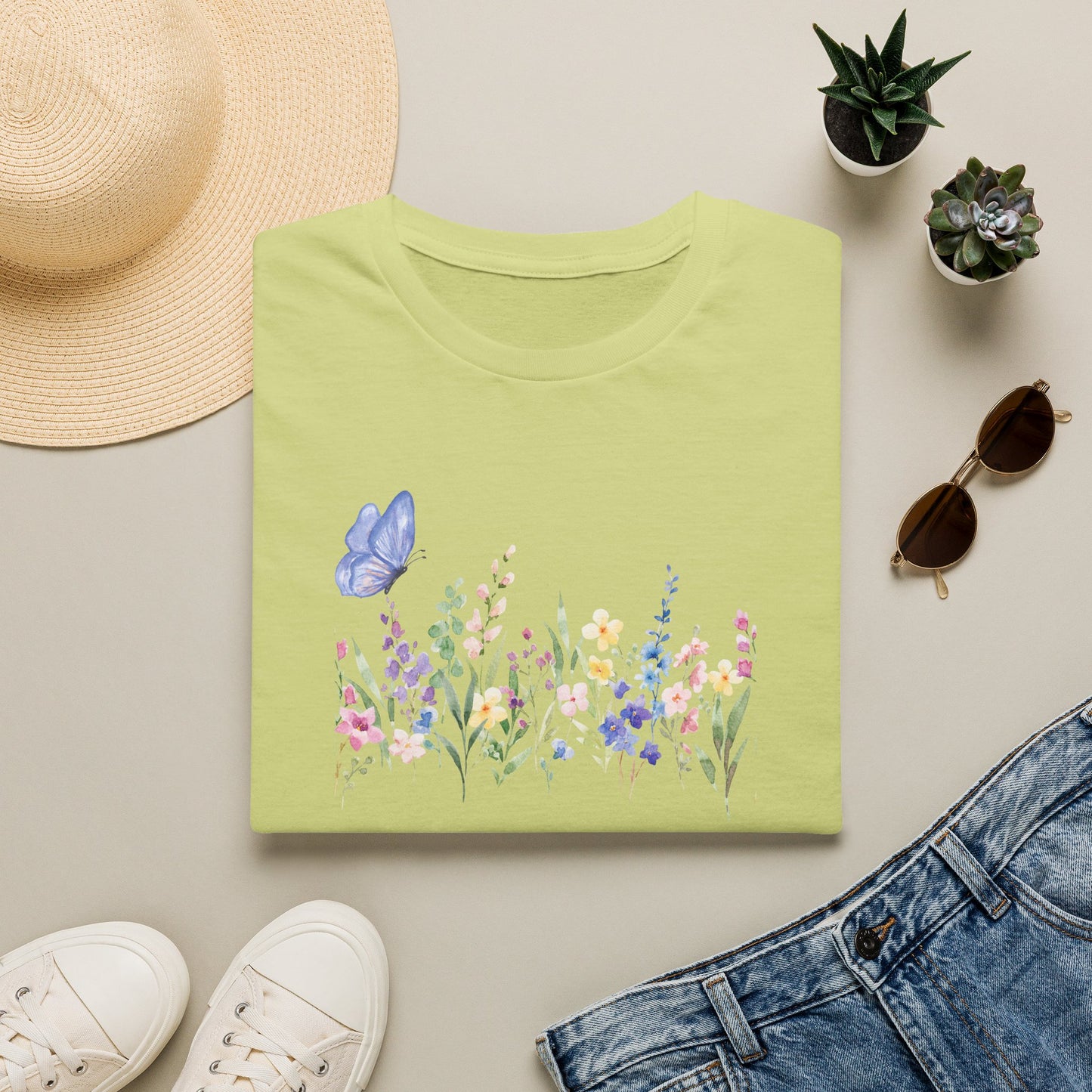 Floral Meadow Tee — Watercolor Wildflowers & Blue Butterfly T-Shirt