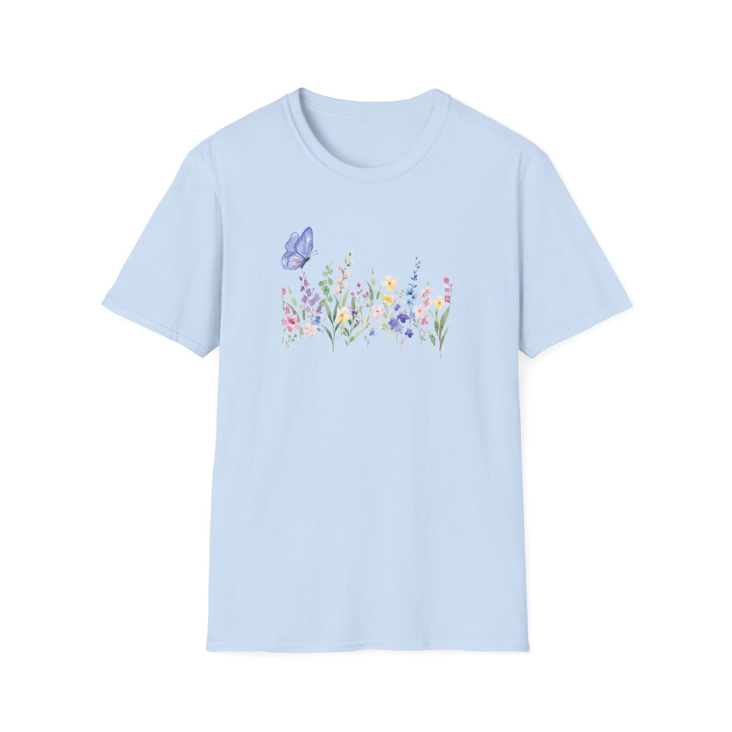 Floral Meadow Tee — Watercolor Wildflowers & Blue Butterfly T-Shirt