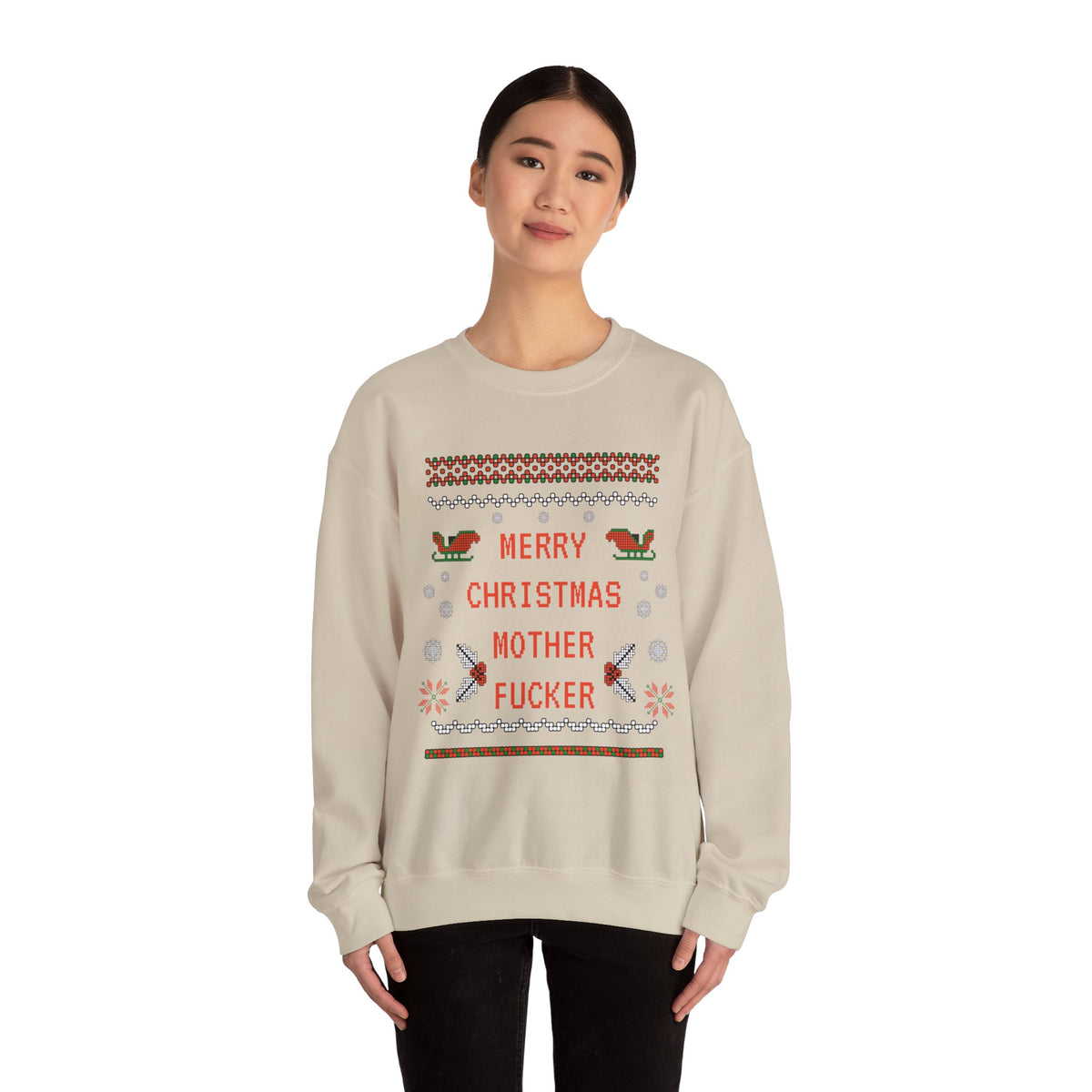 Aggressive 'Merry Christmas' Ugly Sweater Crewneck — Hilarious Adult Holiday Sweatshirt