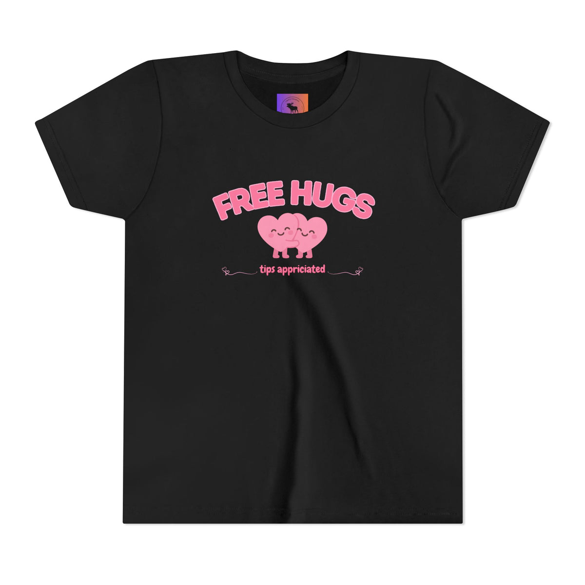 Youth Tee — "Free Hugs" Pink Heart Kids T‑Shirt (Cute Valentine / Playdate Gift)