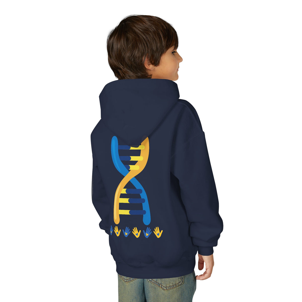 Youth Hoodie — 3:21 DNA Design Kids Pullover with Colorful Double Helix Down Syndrome awareness colors