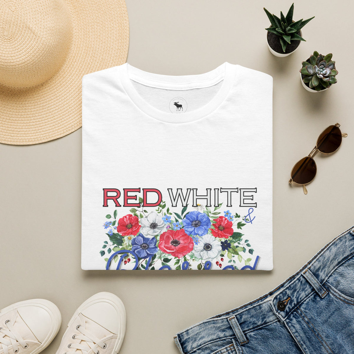 T-Shirt — "Red White & Blessed" Floral Patriotic Tee