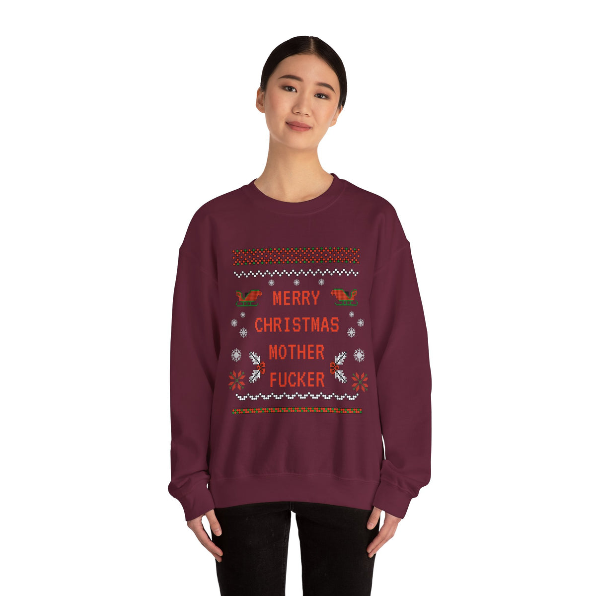 Aggressive 'Merry Christmas' Ugly Sweater Crewneck — Hilarious Adult Holiday Sweatshirt