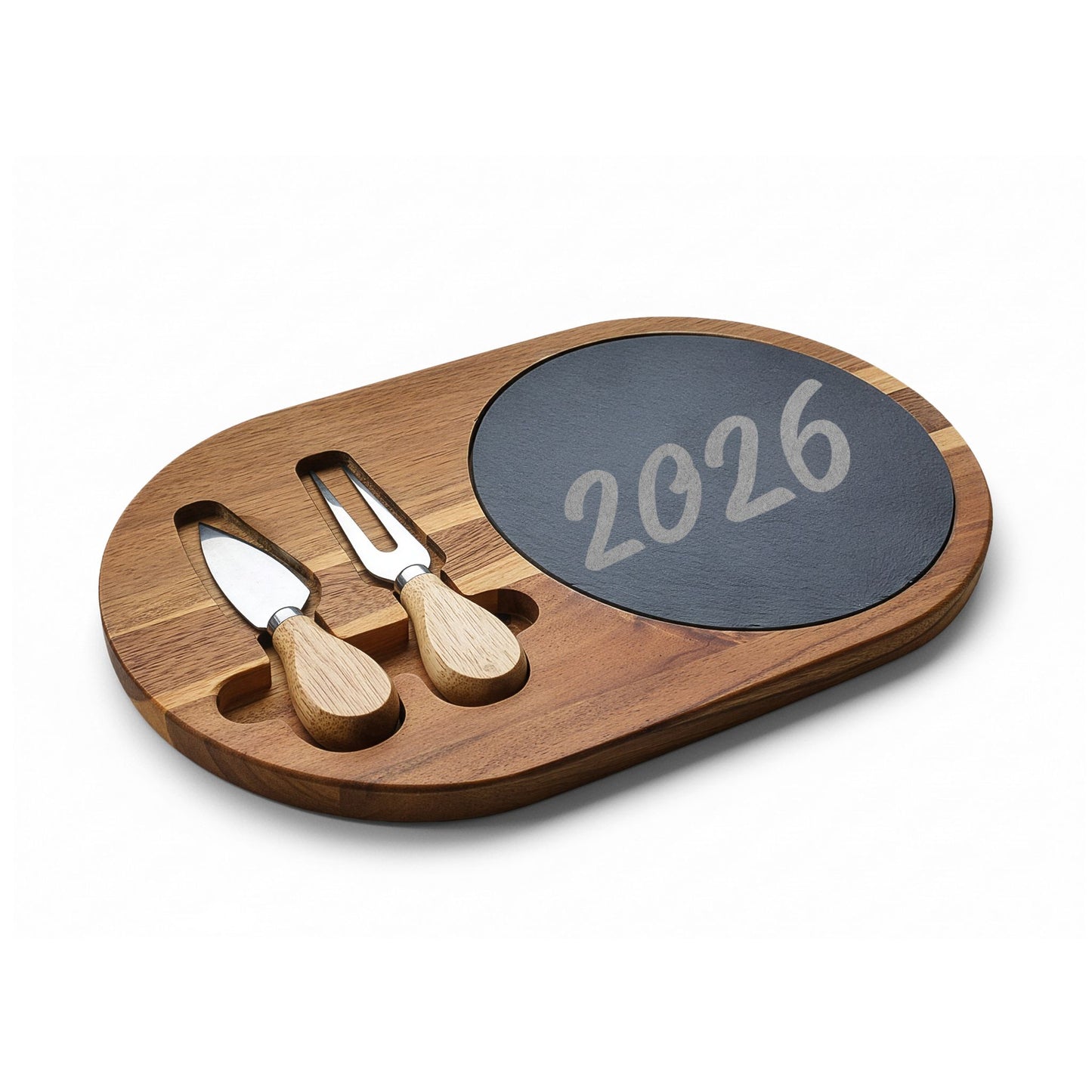 Engraved Acacia Charcuterie Board with Slate Inlay — Personalized 2026 Cheese Serving Set