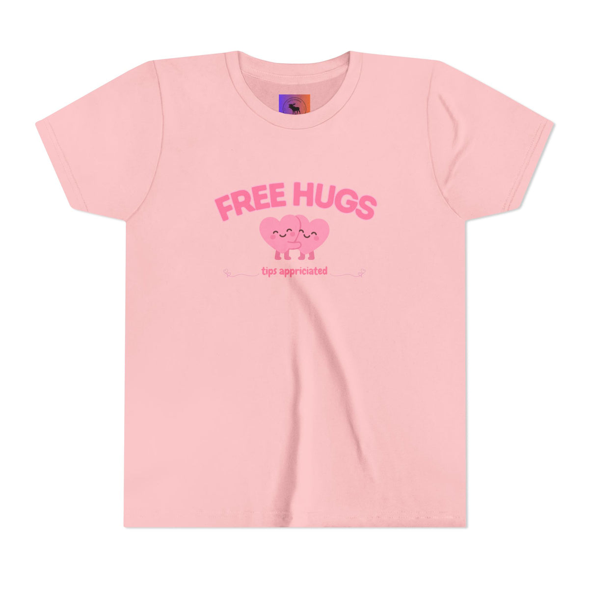 Youth Tee — "Free Hugs" Pink Heart Kids T‑Shirt (Cute Valentine / Playdate Gift)
