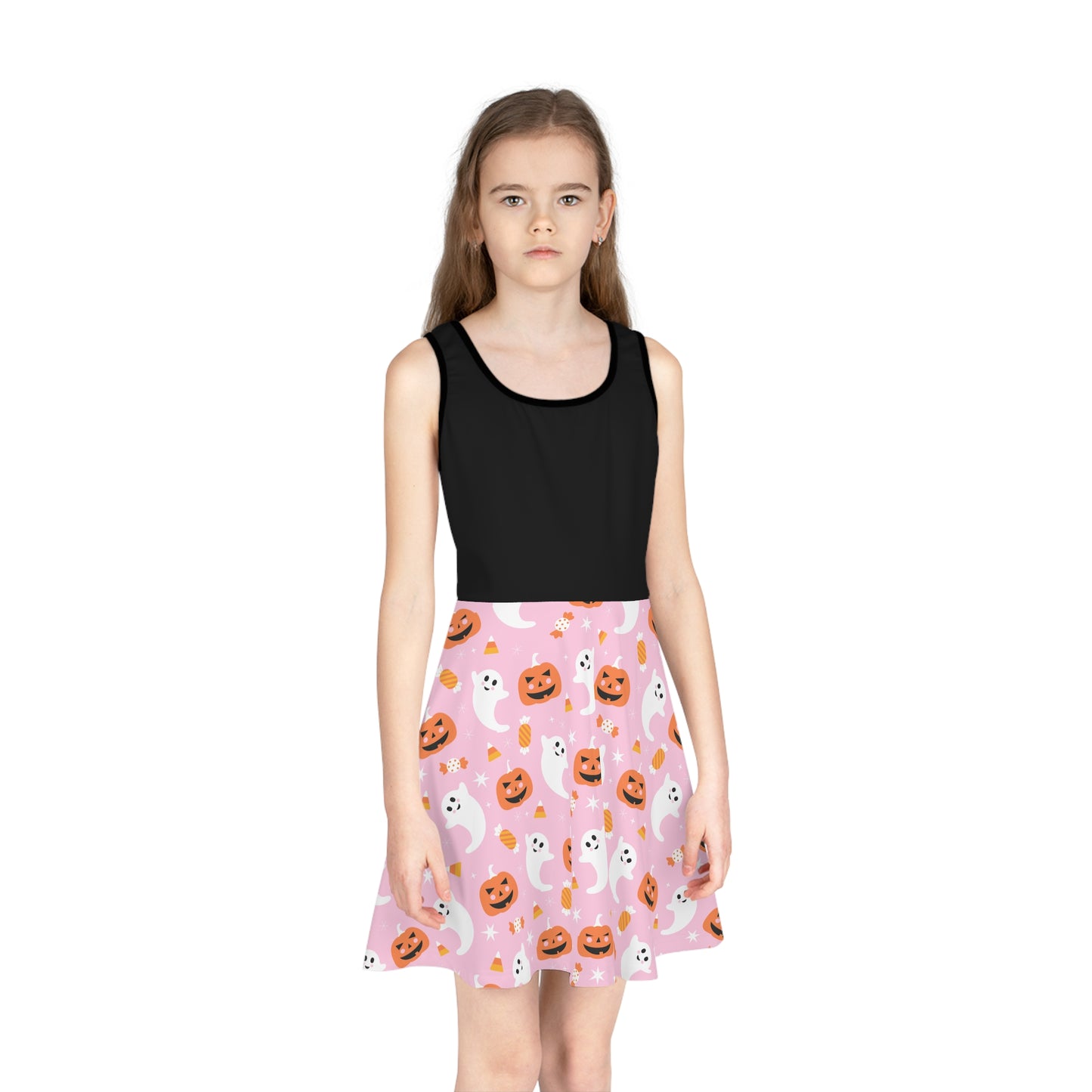 Girls'  PINK Halloween Sundress, Spooky Dress for Kids, Ghost and Pumpkin Print, Fun Fall Fashion, Trick or Treat Outfit, Seasonal Party Wear