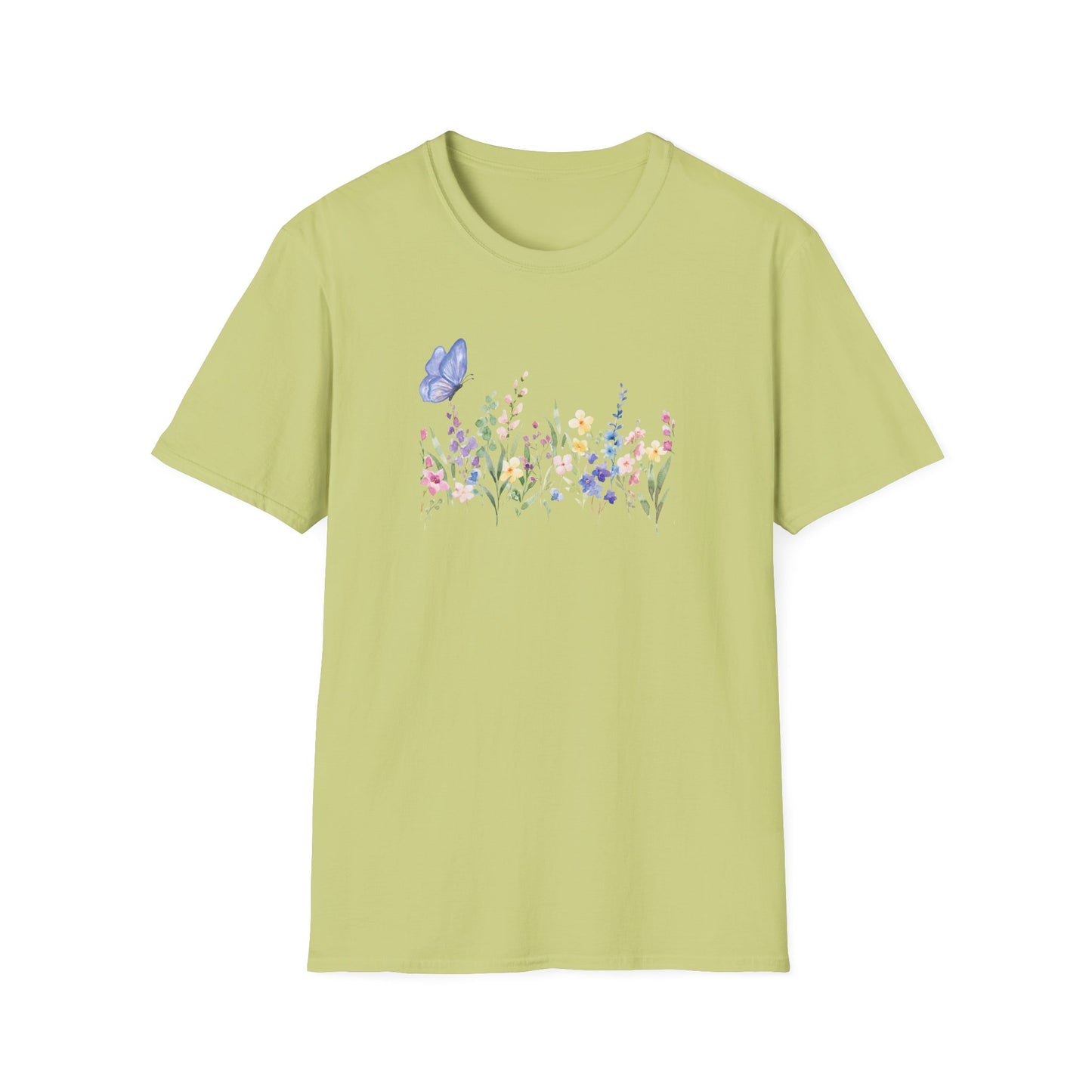 Floral Meadow Tee — Watercolor Wildflowers & Blue Butterfly T-Shirt