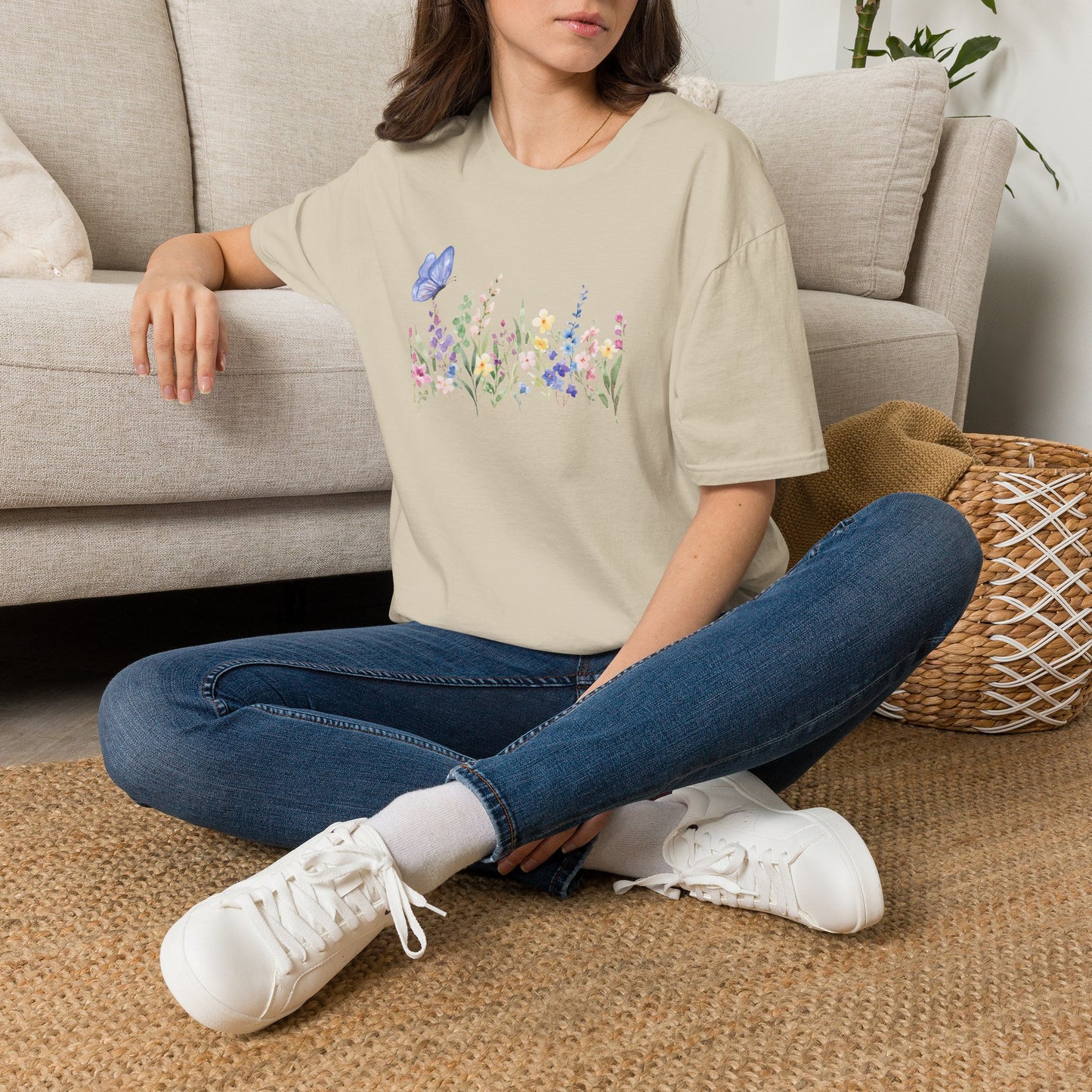Floral Meadow Tee — Watercolor Wildflowers & Blue Butterfly T-Shirt