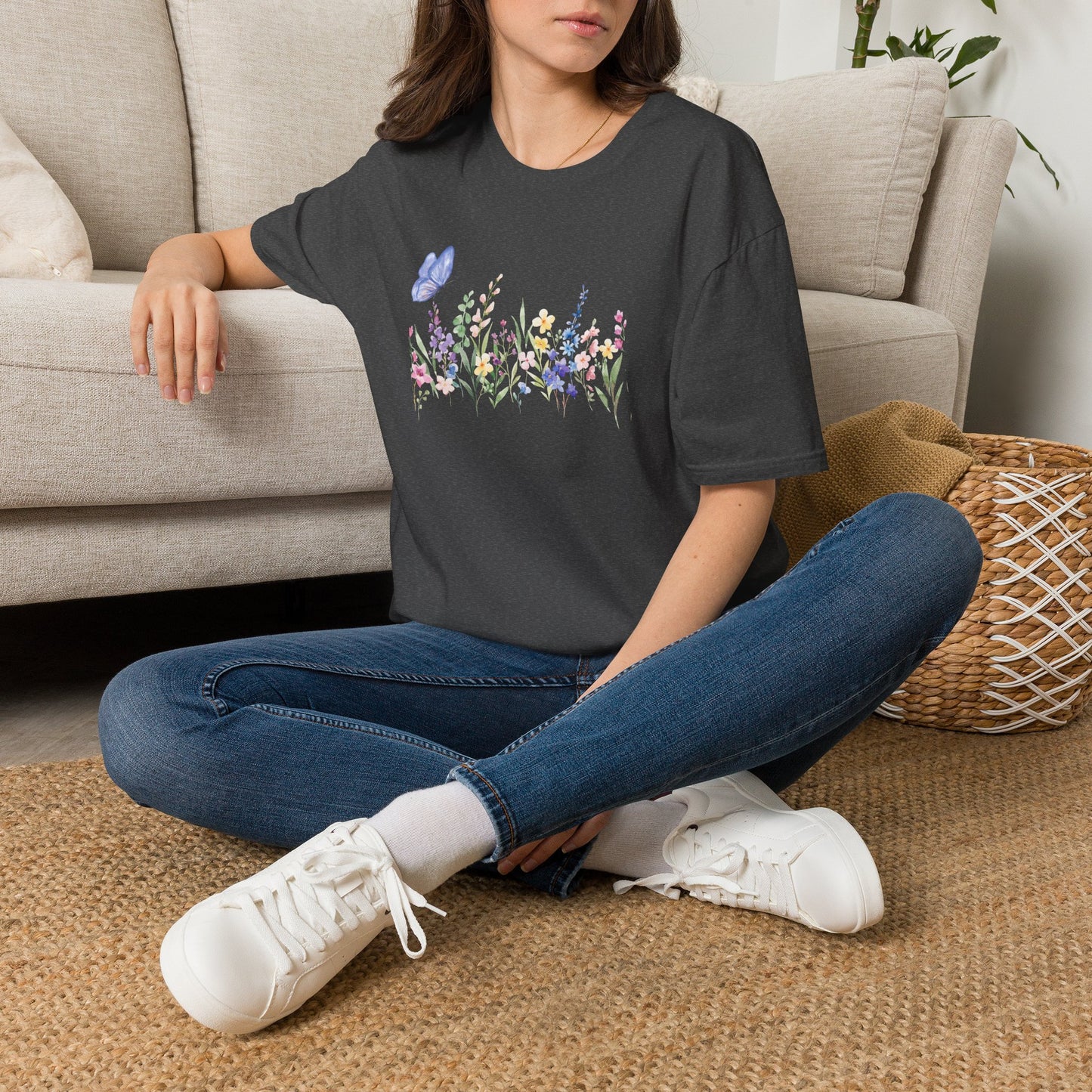 Floral Meadow Tee — Watercolor Wildflowers & Blue Butterfly T-Shirt