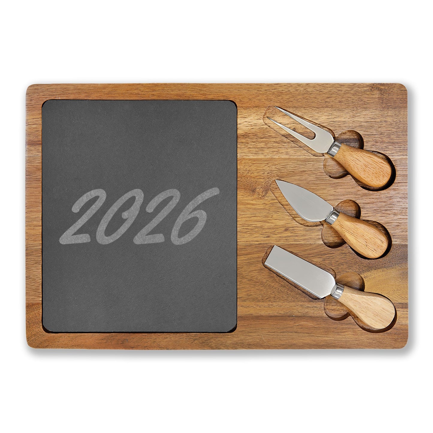 Engraved Acacia Charcuterie Board with Slate Inlay — Personalized 2026 Cheese Serving Set