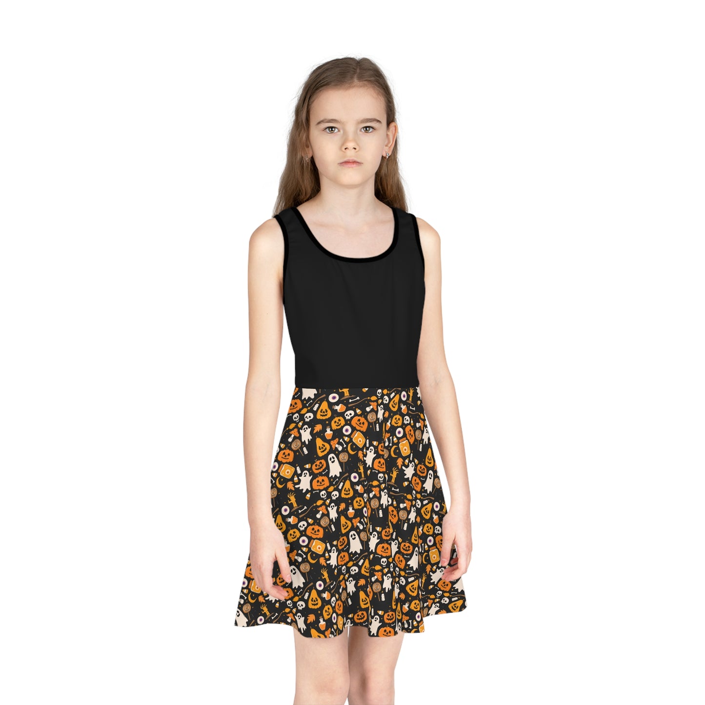 Halloween-Themed Girls' Sleeveless Sundress, Spooky Dress for Fall Celebrations, Cute Costume Alternative, Perfect for Matching family outfits