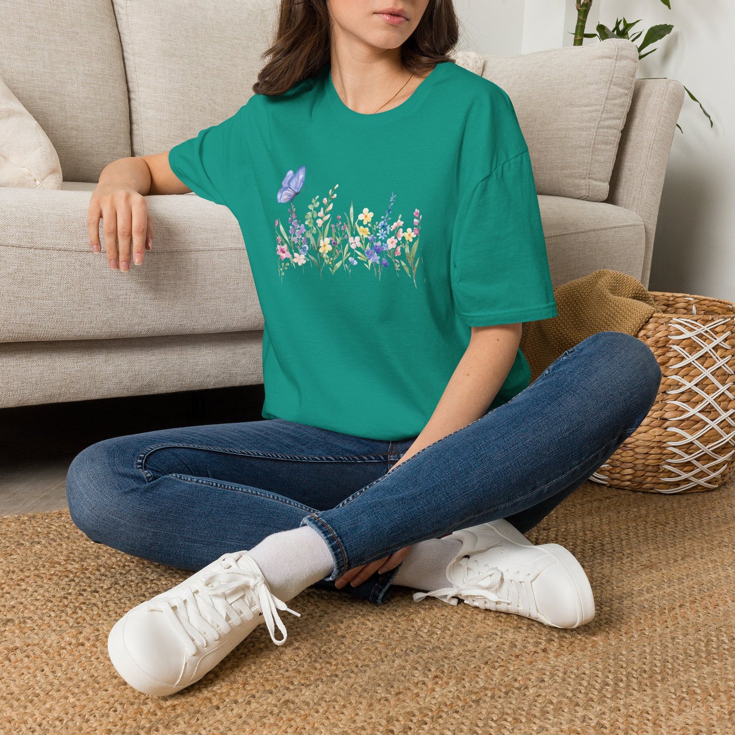Floral Meadow Tee — Watercolor Wildflowers & Blue Butterfly T-Shirt