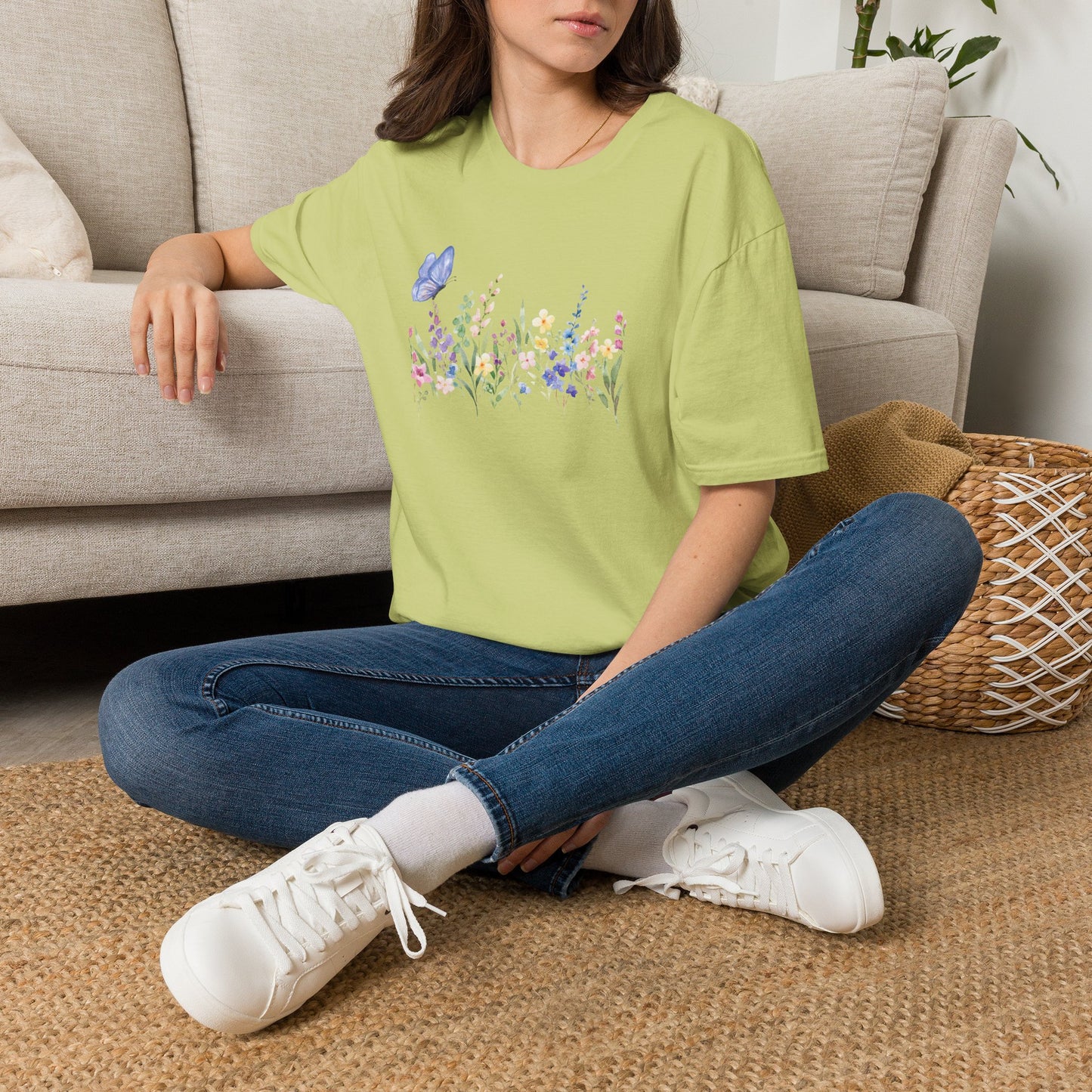 Floral Meadow Tee — Watercolor Wildflowers & Blue Butterfly T-Shirt