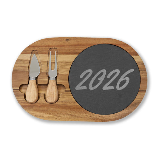 Engraved Acacia Charcuterie Board with Slate Inlay — Personalized 2026 Cheese Serving Set