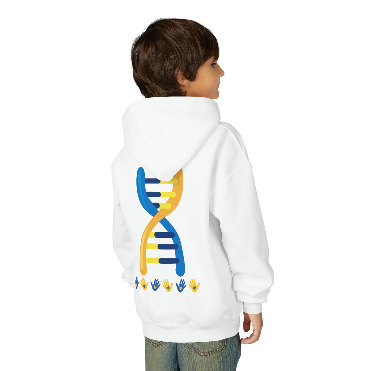 Youth Hoodie — 3:21 DNA Design Kids Pullover with Colorful Double Helix Down Syndrome awareness colors