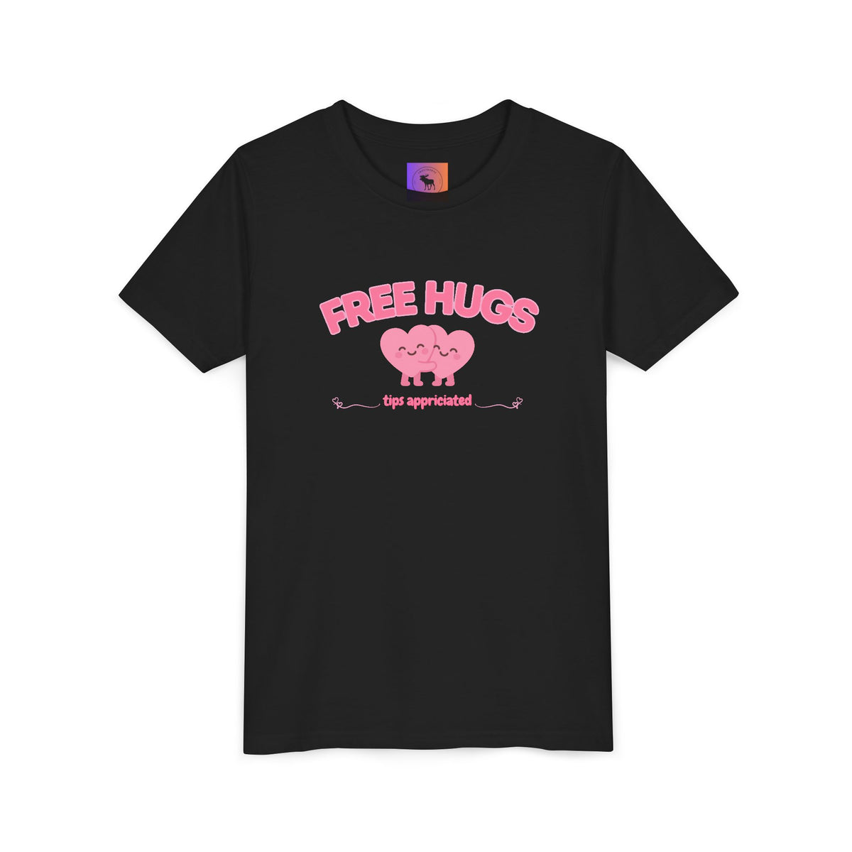 Youth Tee — "Free Hugs" Pink Heart Kids T‑Shirt (Cute Valentine / Playdate Gift)