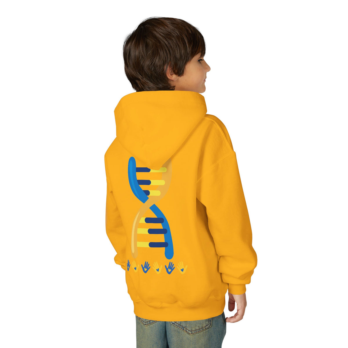 Youth Hoodie — 3:21 DNA Design Kids Pullover with Colorful Double Helix Down Syndrome awareness colors