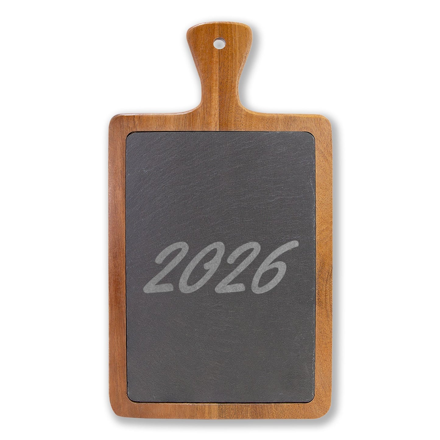 Engraved Acacia Charcuterie Board with Slate Inlay — Personalized 2026 Cheese Serving Set