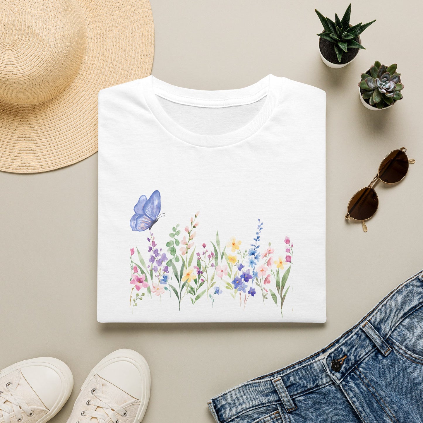 Floral Meadow Tee — Watercolor Wildflowers & Blue Butterfly T-Shirt