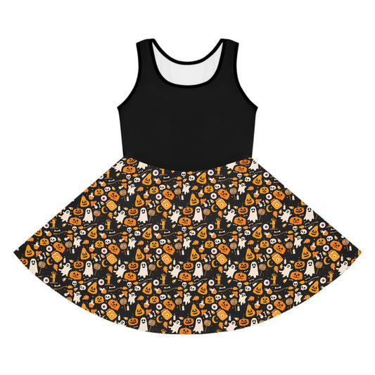 Halloween-Themed Girls' Sleeveless Sundress, Spooky Dress for Fall Celebrations, Cute Costume Alternative, Perfect for Matching family outfits