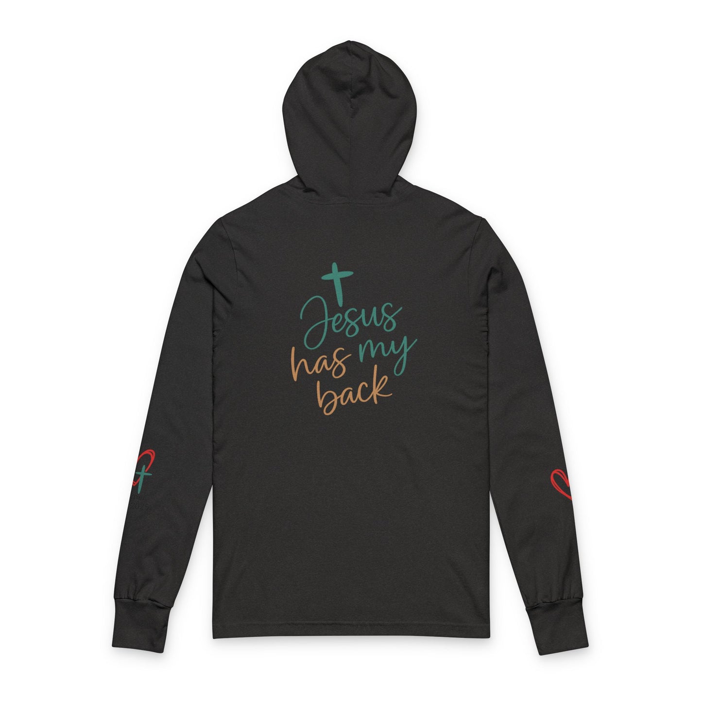 Faith-Inspired Unisex Hooded Long Sleeve Tee, Comfort, Spiritual Gift, Jesus Has My Back, Christian Apparel, Cozy Faithwear