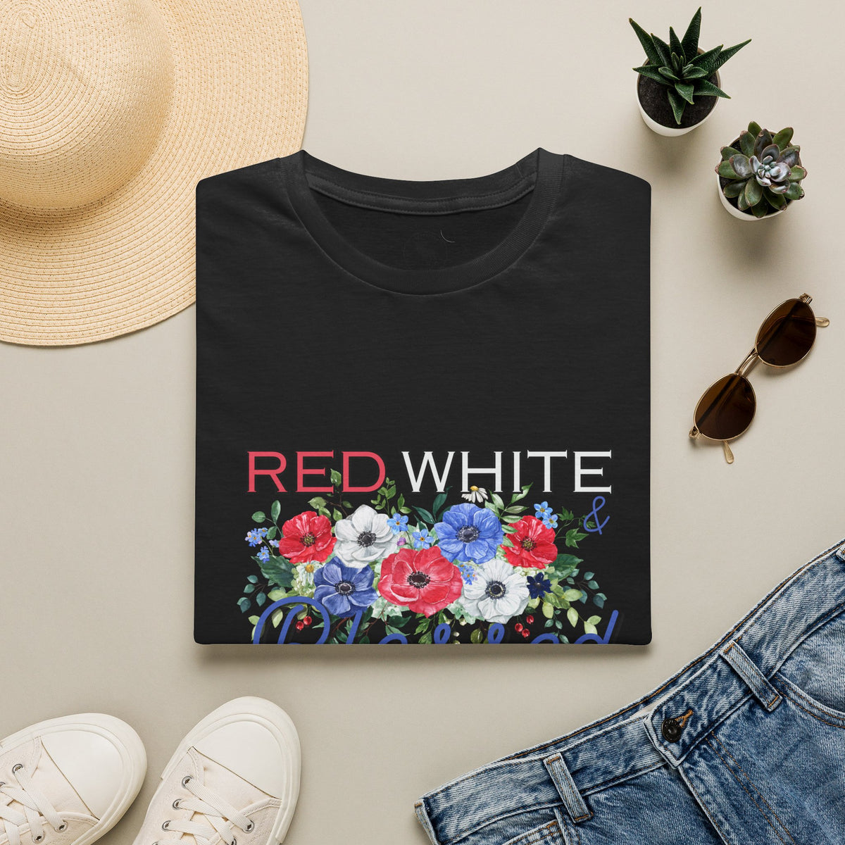 T-Shirt — "Red White & Blessed" Floral Patriotic Tee