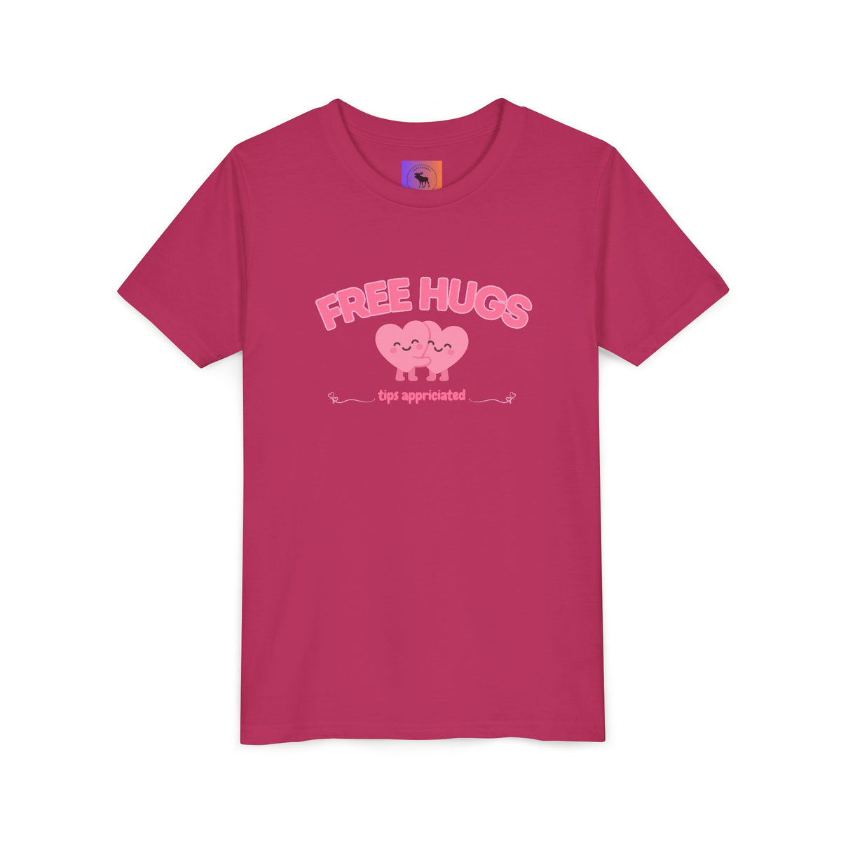 Youth Tee — "Free Hugs" Pink Heart Kids T‑Shirt (Cute Valentine / Playdate Gift)
