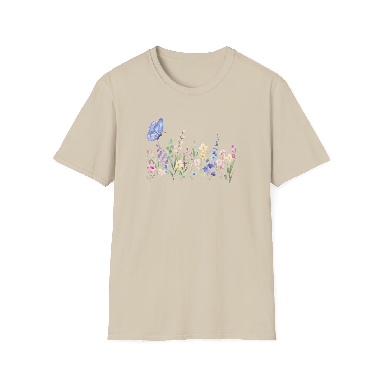 Floral Meadow Tee — Watercolor Wildflowers & Blue Butterfly T-Shirt