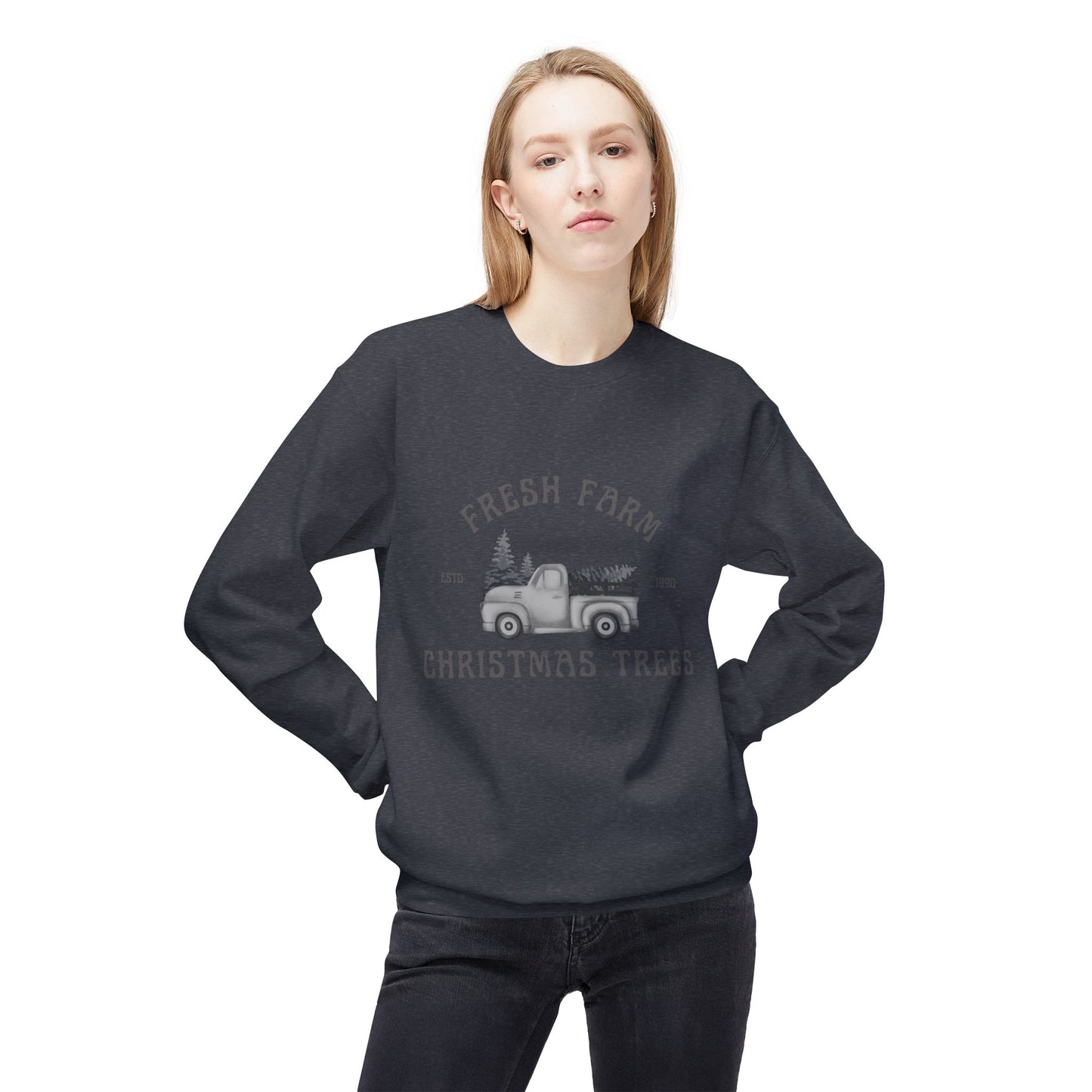 Christmas Trees Farmhouse Crewneck Sweatshirt, Holiday Sweatshirt, Cozy Winter Wear, Farmhouse Decor, Gift for Him/Her