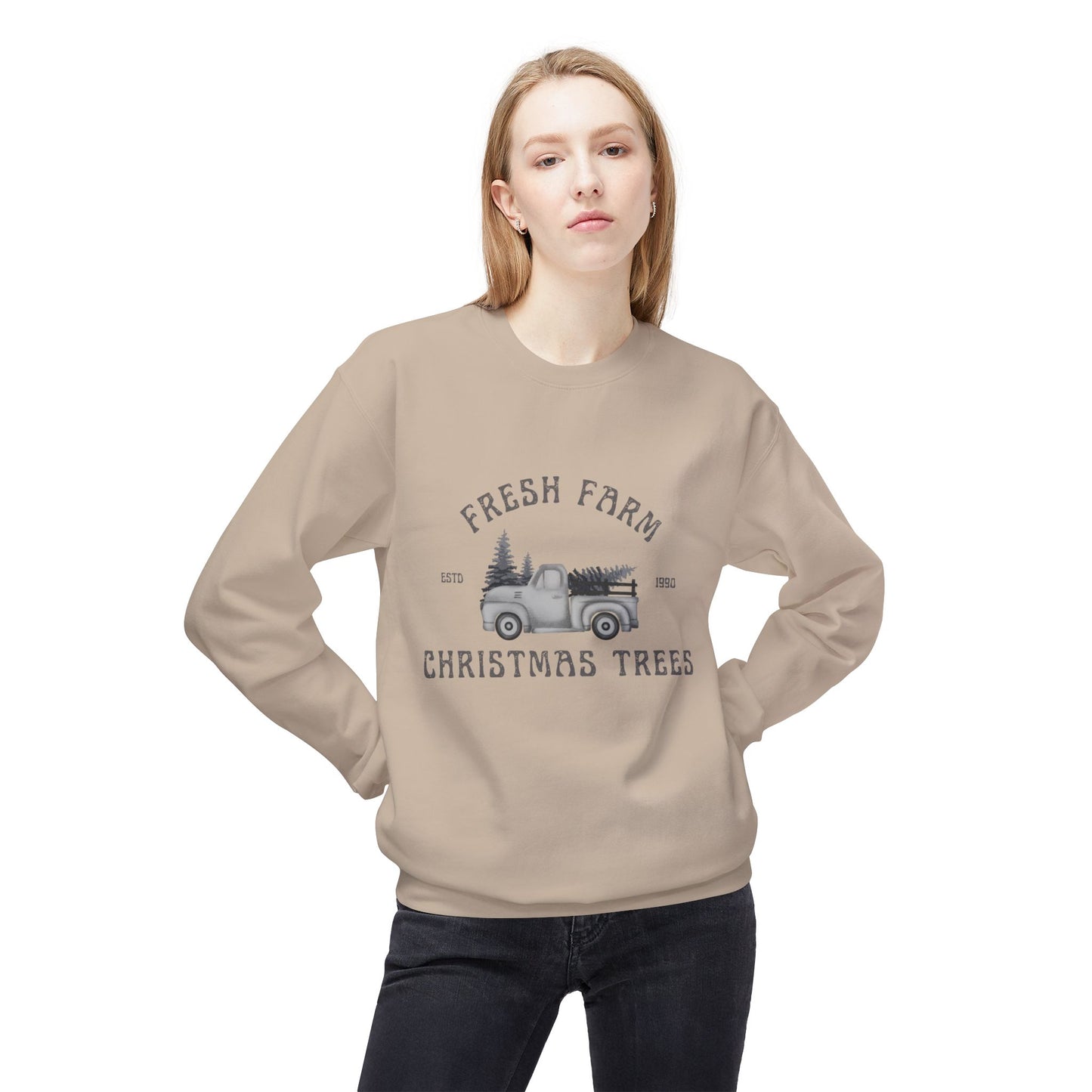 Christmas Trees Farmhouse Crewneck Sweatshirt, Holiday Sweatshirt, Cozy Winter Wear, Farmhouse Decor, Gift for Him/Her