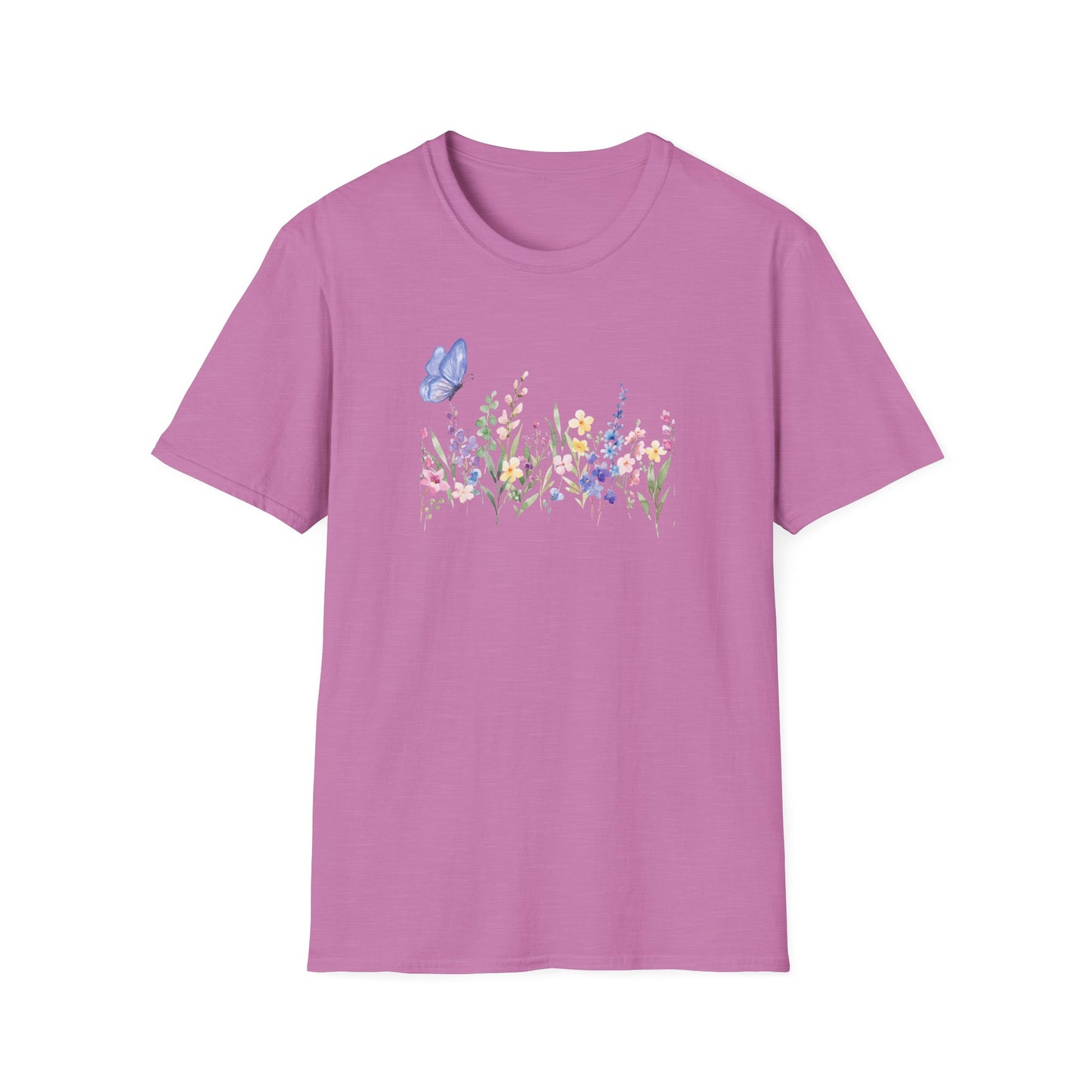 Floral Meadow Tee — Watercolor Wildflowers & Blue Butterfly T-Shirt