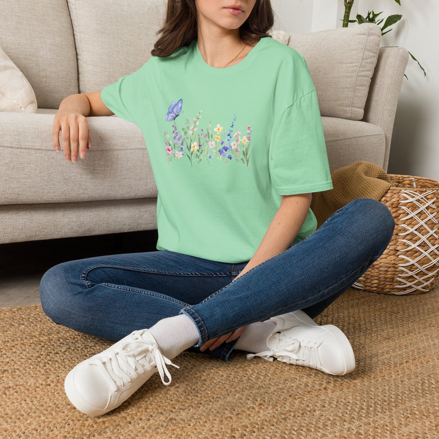 Floral Meadow Tee — Watercolor Wildflowers & Blue Butterfly T-Shirt