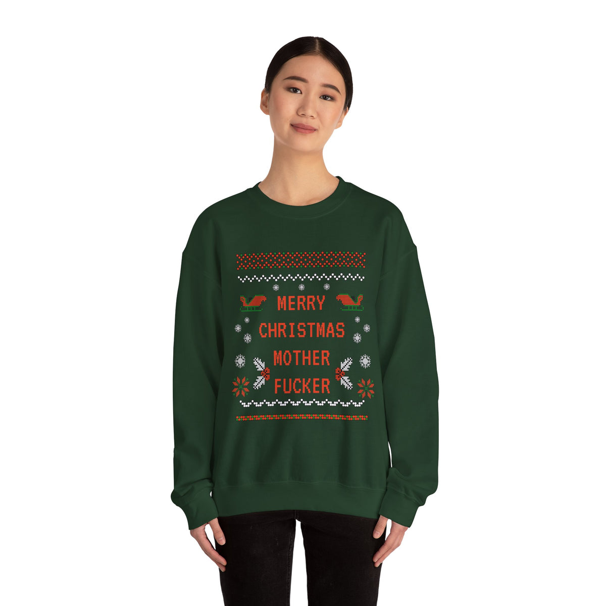 Aggressive 'Merry Christmas' Ugly Sweater Crewneck — Hilarious Adult Holiday Sweatshirt