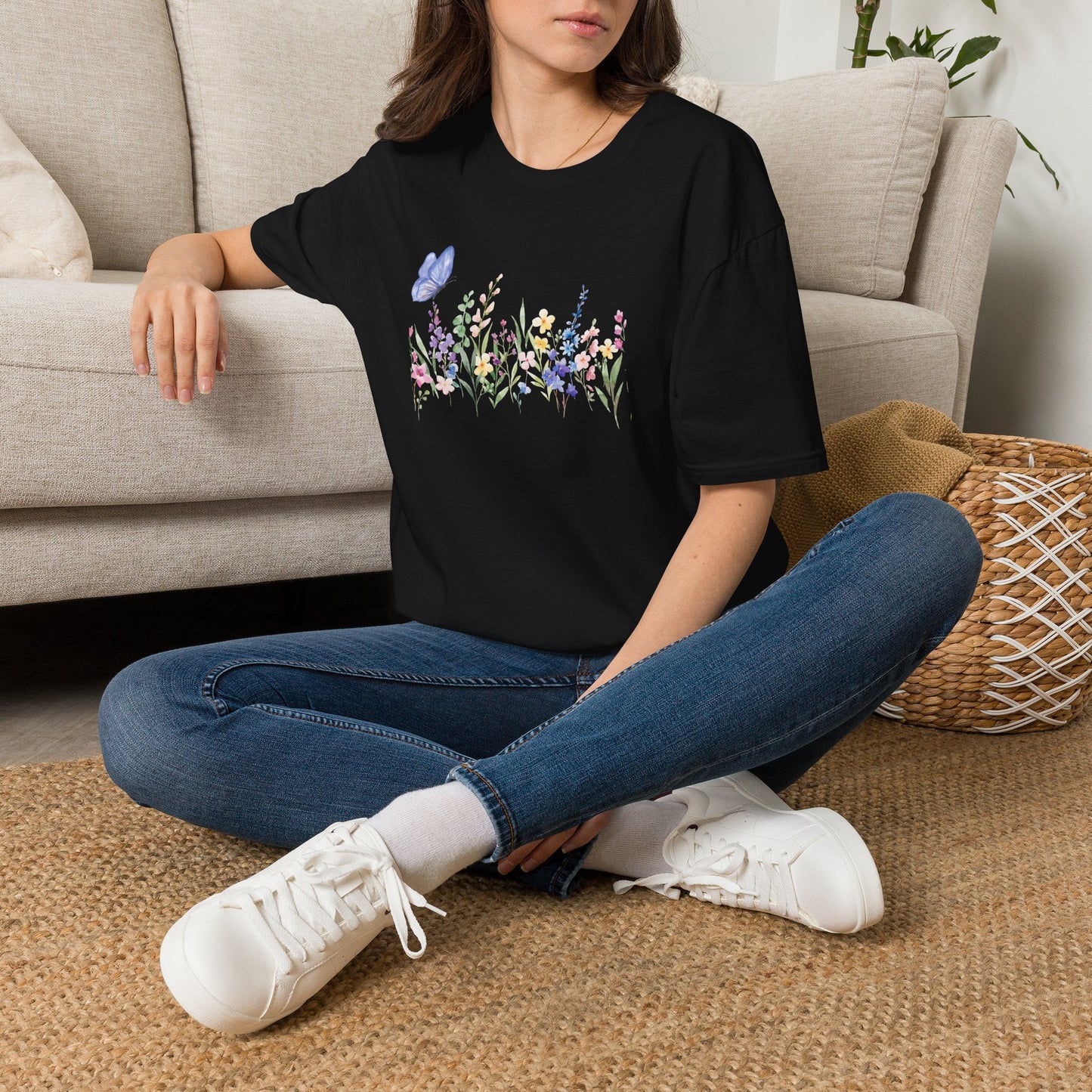 Floral Meadow Tee — Watercolor Wildflowers & Blue Butterfly T-Shirt