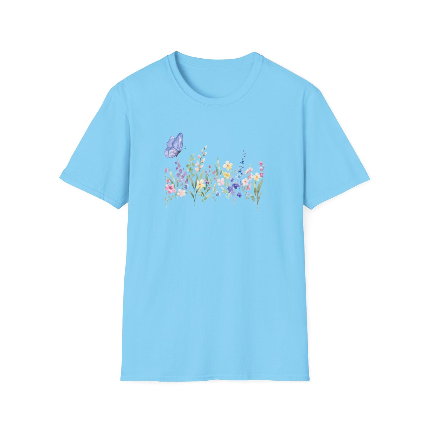 Floral Meadow Tee — Watercolor Wildflowers & Blue Butterfly T-Shirt